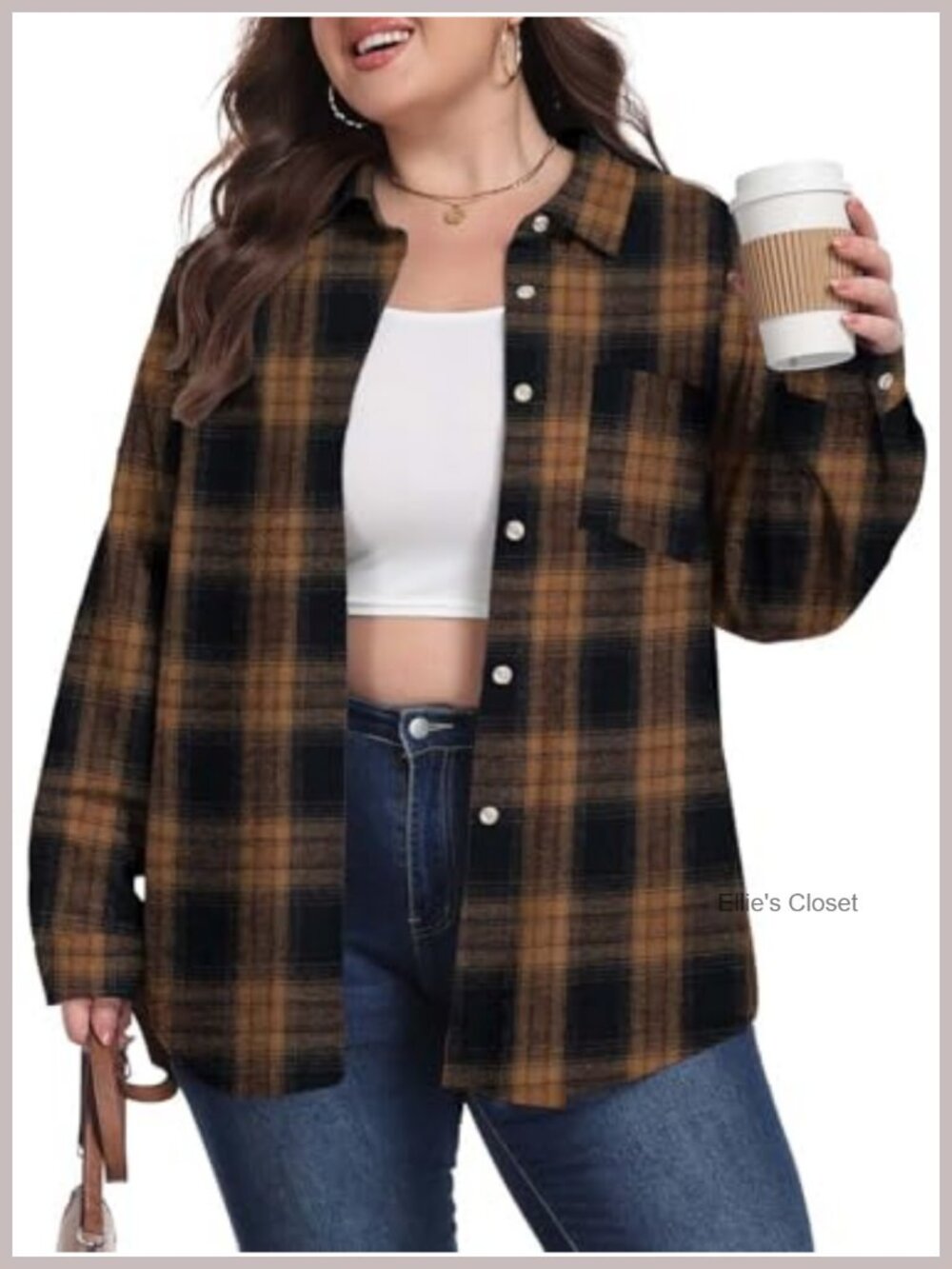 Plus Size Cotton Blend Plaid Button Down Shirt Long Sleeve Relaxed Fit